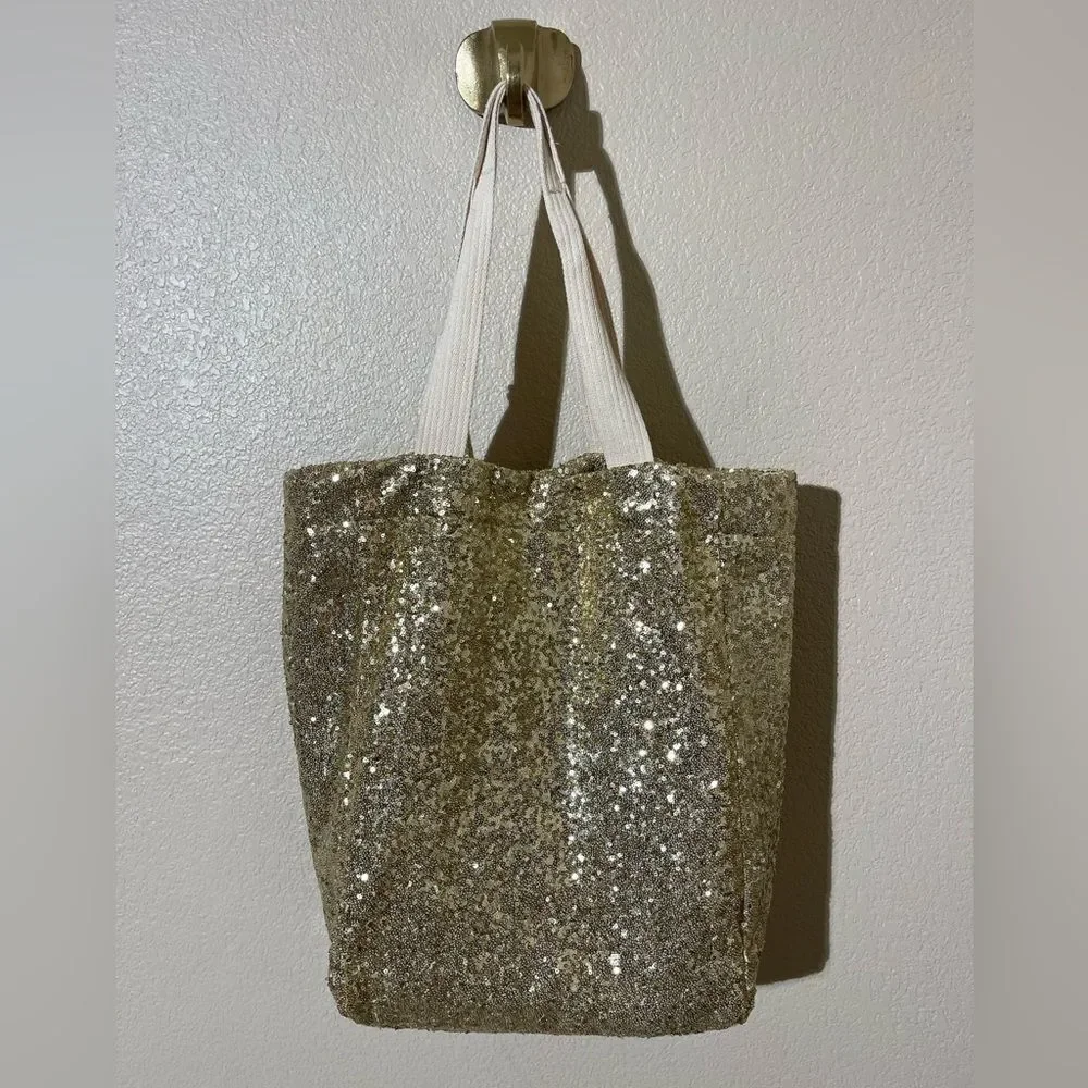 Anthropologie JadeTribe Gold Sequin Tote with Cream Tassels - Picture 2 of 8